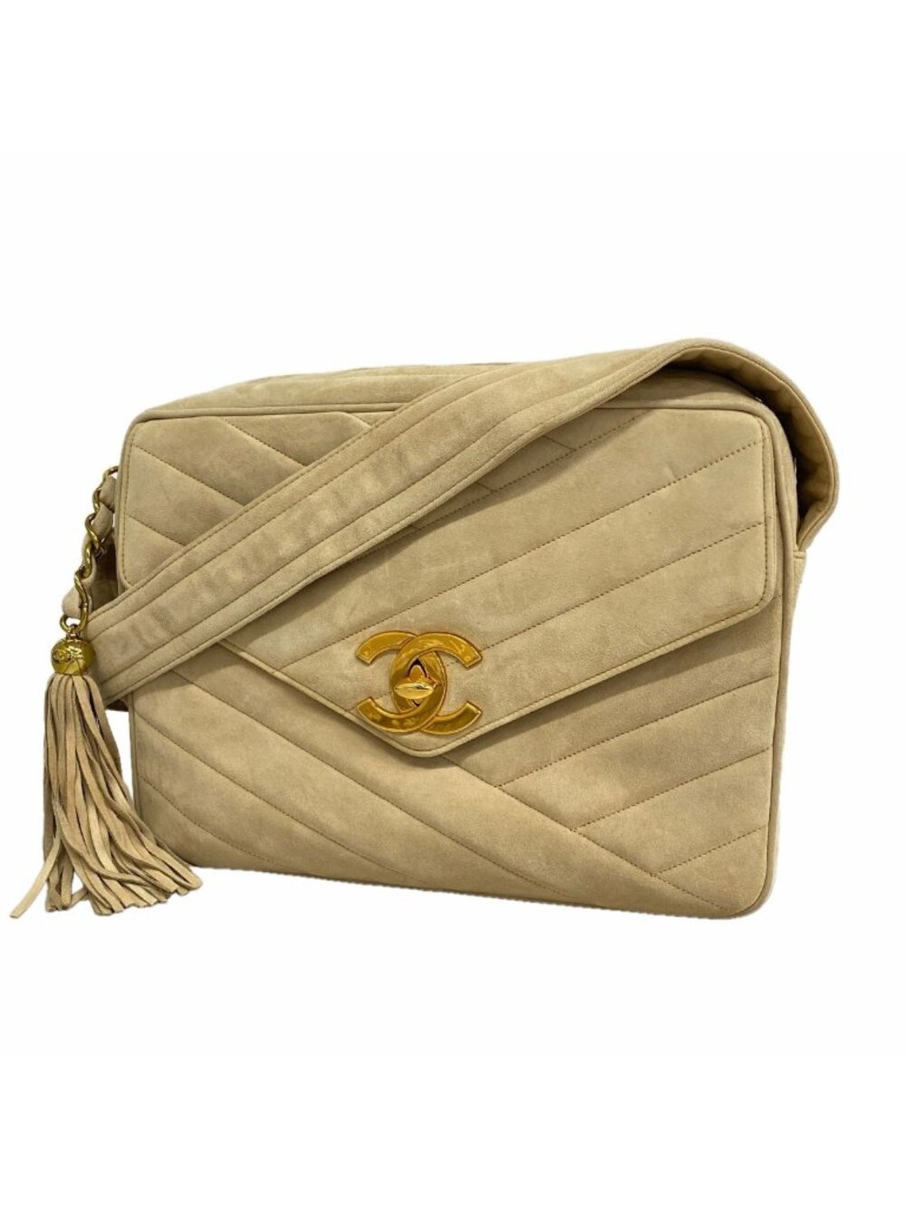 Chanel Shoulder Bag Suede Beige Gold